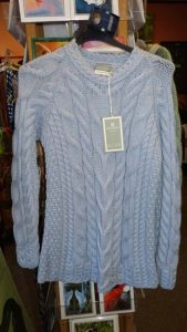 Pale blue cable-knit sweater from Celtic Connection